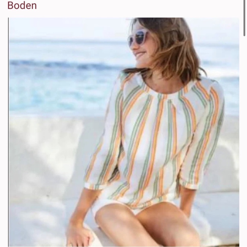 Boden Natural Katie Stripe Linen Peasant Blouse Top Size 12